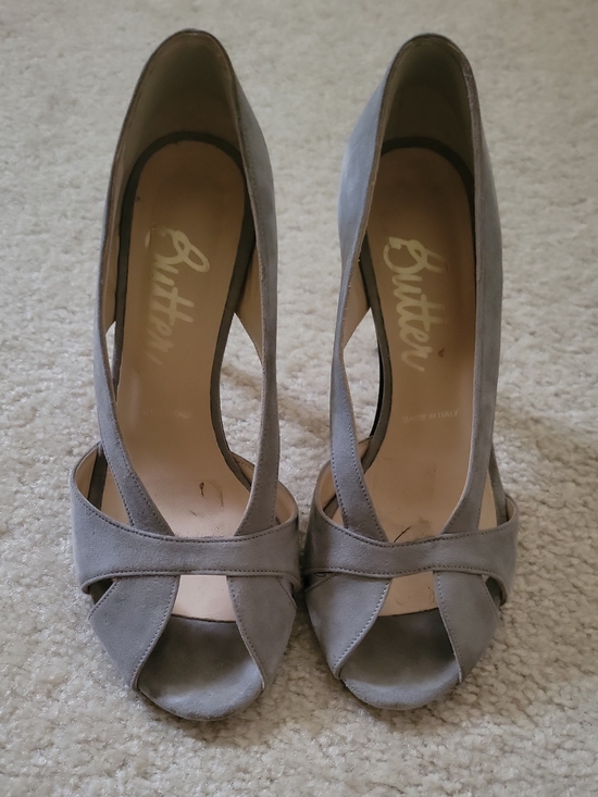 Butter Shoes - Butter Grey Suede Peep-Toe Heels with Crossover Straps